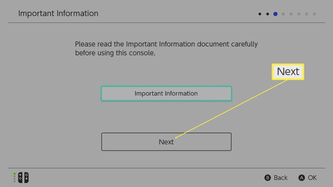 Nintendo Switch-Setup-Bildschirm mit hervorgehobenem Weiter unter wichtigen Informationen