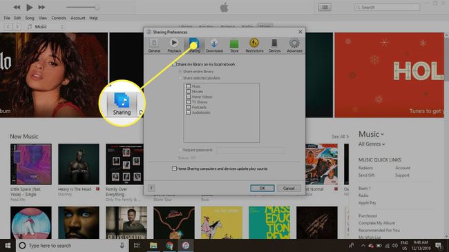 iTunes preferences ar iezīmētu cilni Koplietošana