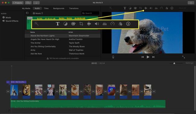 Gelişmiş Araçlar konumunu gösteren iMovie arayüzü