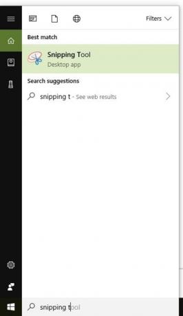 Başlat Menüsündeki Snipping Tool'un ekran görüntüsü