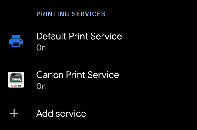 Výchozí tisková služba a tisková služba Canon zapnuta
