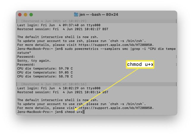 chmod u + xが入力され、強調表示されたターミナル