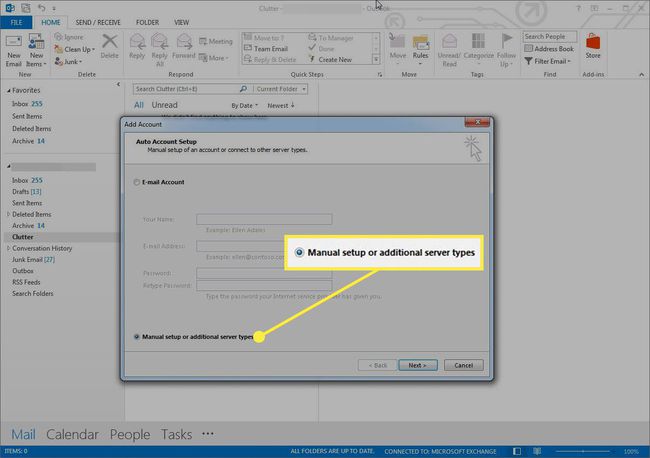 A opção " Configuração manual" na configuração da conta do Outlook.