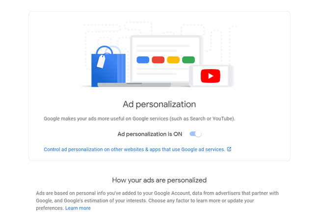 Pantalla de personalización de anuncios en una cuenta de Google