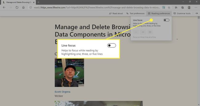 Una captura de pantalla de Edge con la configuración de Line Focus resaltada