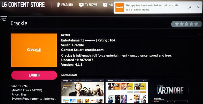 Nainštalovaná aplikácia LG Content Store Crackle