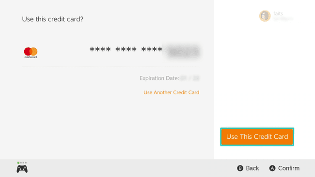 Nintendo eShop에서 강조 표시된 이 신용 카드 사용 버튼.