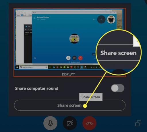 Schermata di anteprima della condivisione di Skype con il pulsante Condividi schermo evidenziato