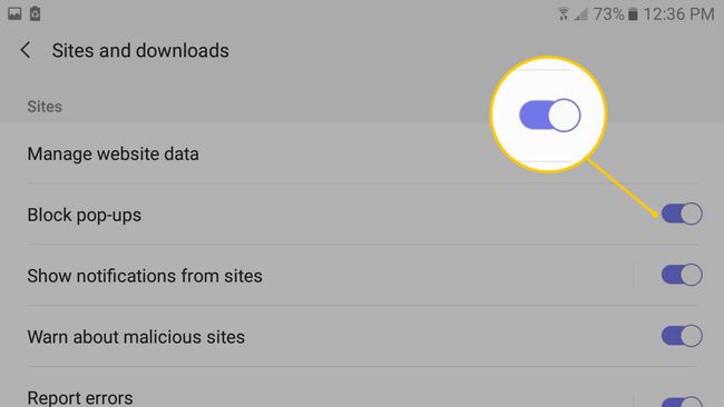 Blocați ferestrele pop-up comutați ON pentru aplicația Samsung Internet