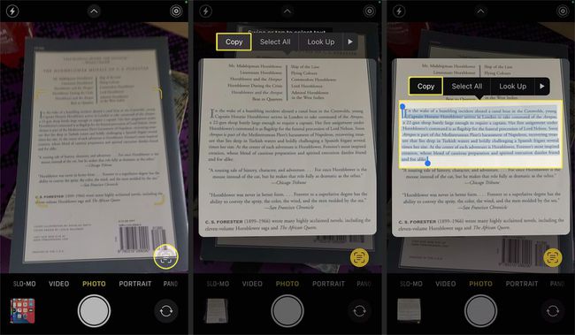 Menyalin teks menggunakan Teks Langsung di aplikasi Kamera di iOS 15.