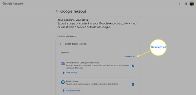 Configurações de gerenciamento de contas do Google com 'Desmarcar tudo' destacado