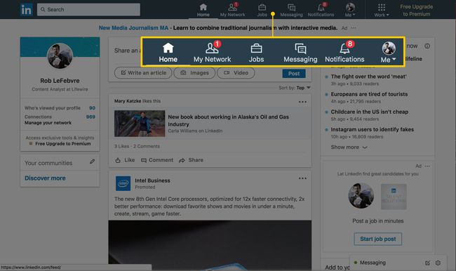 Снимак екрана главне Линкедин веб странице са фокусом на навигациону траку: Почетна, Моја мрежа, Послови, Размена порука, Обавештења, Ја