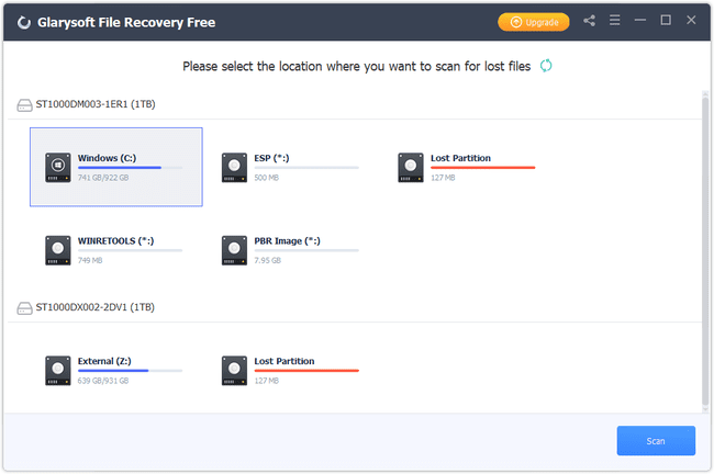 seznam pevných disků v Glarysoft File Recovery Free