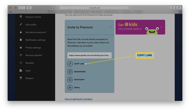 Strona konta Spotify Premium Family z podświetlonym łączem do kopiowania w celu zaproszenia kogoś do konta premium