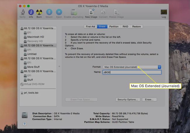 أداة القرص مع نظام التشغيل Mac OS Extended (Journaled) محددًا كتنسيق