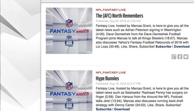 NFL FantasyLiveのポッドキャストページのスクリーンショット。