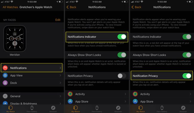 Se app på iPhone med meddelelser, meddelelsesindikator og meddelelsesbeskyttelse fremhævet