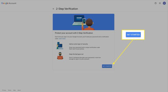 Tela de verificação em duas etapas do Google com Primeiros passos destacado