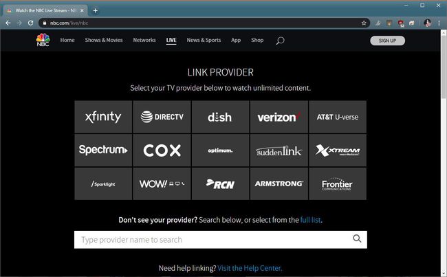 O captură de ecran a meniului de selecție a furnizorului NBC.com.