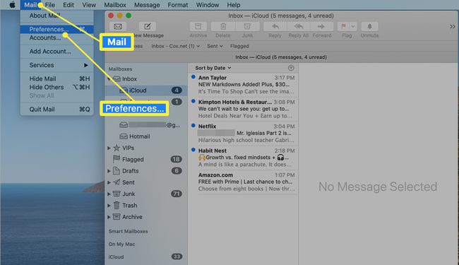 Barra de menu do Mac Mail mostrando a opção Preferências