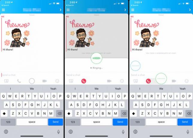 Drei iOS Snapchat-Bildschirme, die einen kostenlosen Internetanruf zeigen