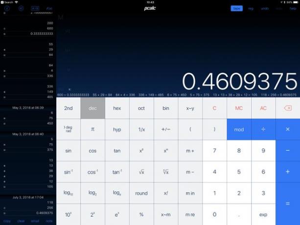 118の結果を256で割った結果を示すPCalc。 （答えは.4609375です）