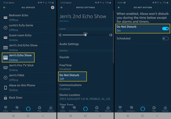 Snímky obrazovky ukazující, jak zapnout režim Nerušit v aplikaci Alexa.