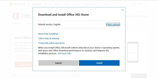 Office 365 kodulehe allalaadimise ja installimise hüpikaken