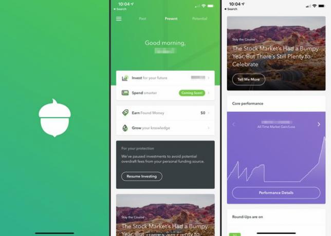 Tři obrazovky aplikace iOS Acorns