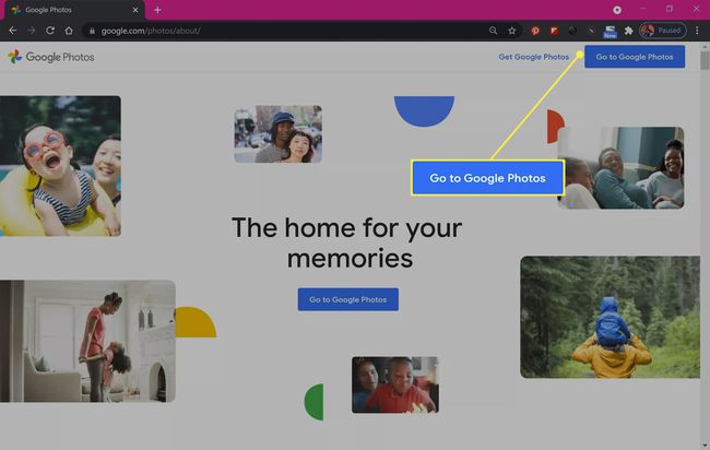 עבור אל כפתור Google Photos המודגש מאתר Google Photos בדפדפן האינטרנט Google Chrome.