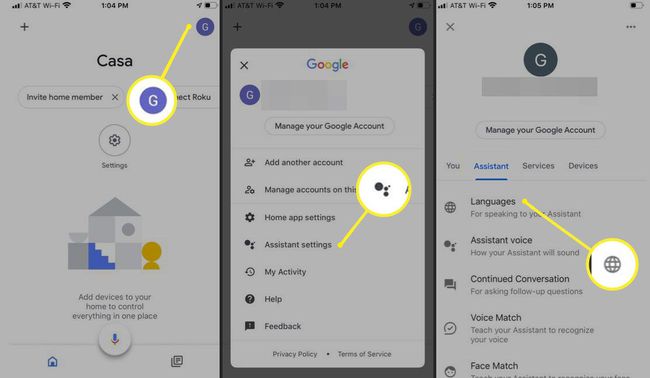 Aplikace google Home se zvýrazněnými možnostmi účtu, nastavení asistenta a jazyků