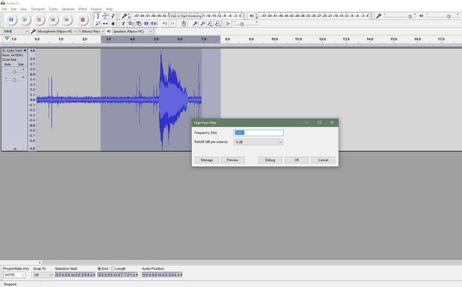 Snímek obrazovky Audacity ukazující horní propust