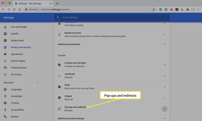 Ventanas emergentes y redireccionamientos resaltados en la configuración de Chrome