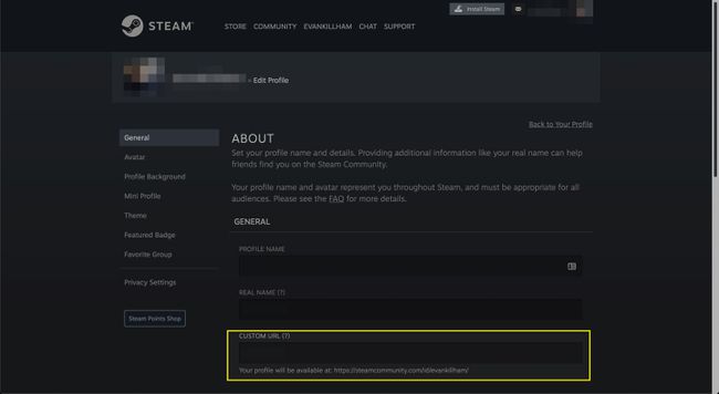 Полето за персонализиран URL адрес в профил в Steam