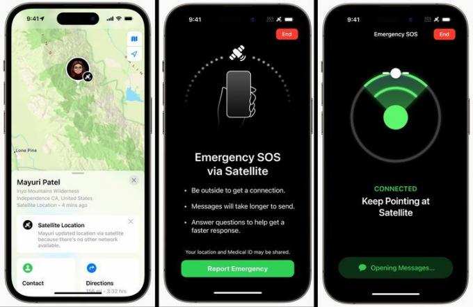Екранни снимки от опцията Emergency SOS чрез сателит на Apple.
