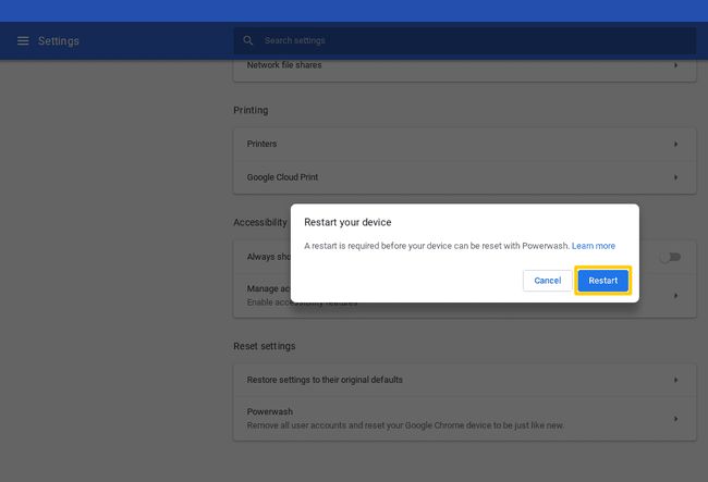 Snímek obrazovky dialogového okna Chromebook Powerwash Restart your Device