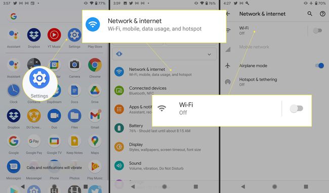 Android-beállítások a „Hálózat és internet” és a Wi-Fi kapcsolóval kiemelve