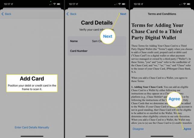 Přidat kartu, Další a Souhlasím zvýrazněné v Apple Pay na iOS