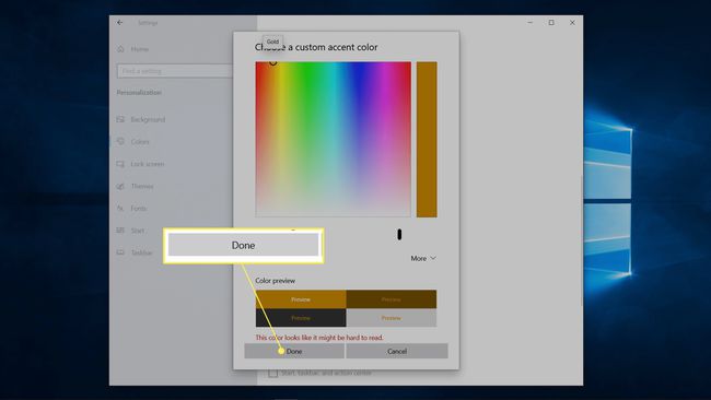 Windows 색상 선택기에서 강조 표시된 완료.