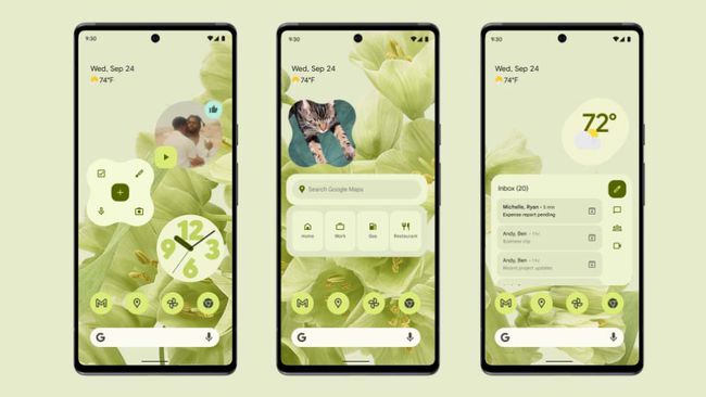 Ein Beispiel für das Material, das Sie von Android 12 auf drei Pixel-Smartphones verwenden