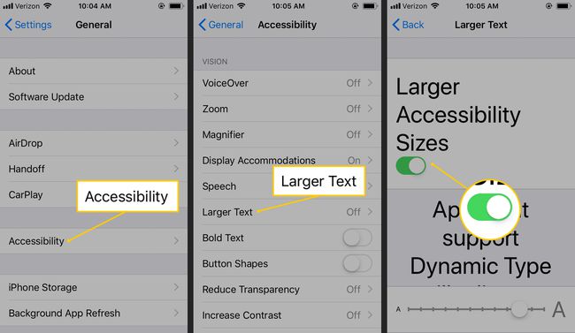 Dostopnost, večje besedilo, preklopite v nastavitvah iOS