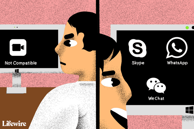 Windows'ta FaceTime kullanmamaktan memnun olmayan bir kişinin çizimi, Skype, WhatsApp ve WeChat'ten memnun olan ikinci bir kişi
