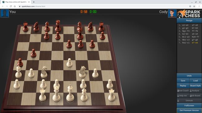 Στιγμιότυπο του Spark Chess (σκακιέρα, με παιχνίδι vs. αντίπαλος υπολογιστής Cody)