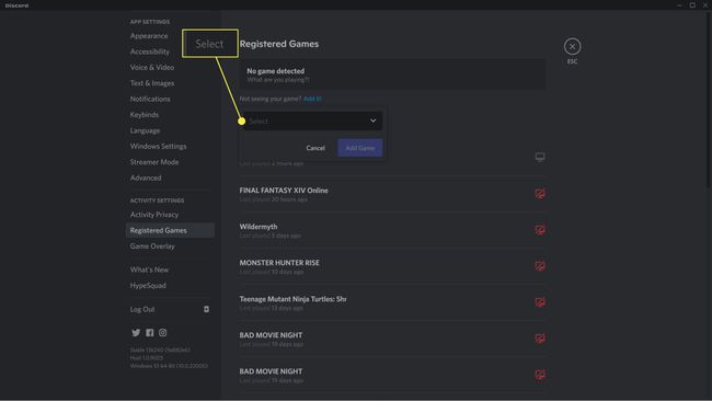 Caseta derulantă Selectare evidențiată în Jocuri înregistrate Discord.