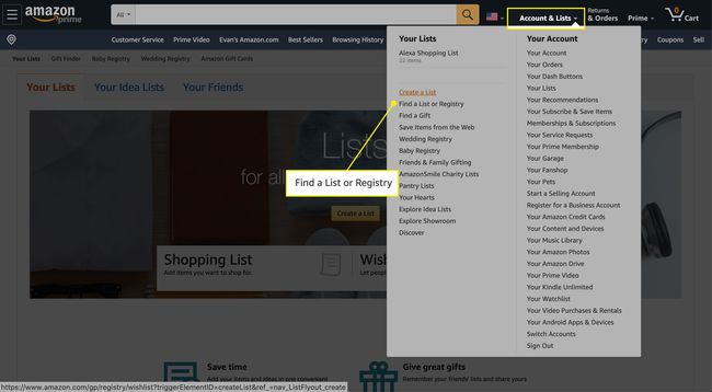 La opción " Buscar una lista o registro" en Amazon