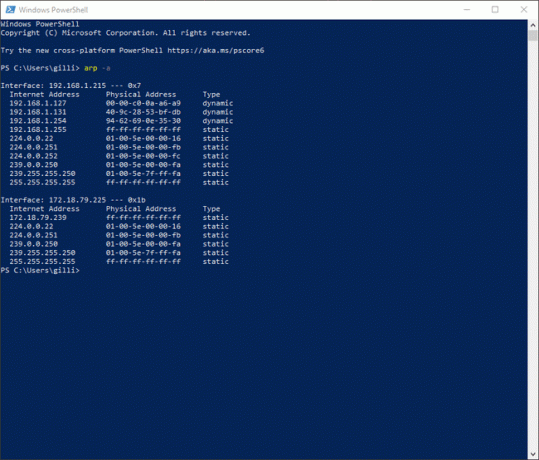 PowerShell mostrando la caché ARP