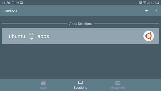 Коснитесь «Сеансы», затем коснитесь «ubuntu», чтобы запустить сеанс Linux.