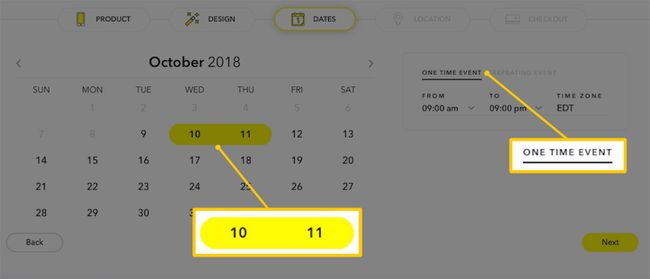 Captura de pantalla de las opciones de fecha activa del filtro de Snapchat.com, con un calendario y tipo de evento