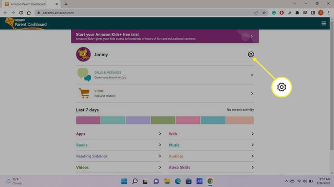 Indstillinger Gear ud for børneprofil på Amazon Parent Dashboard-webstedet