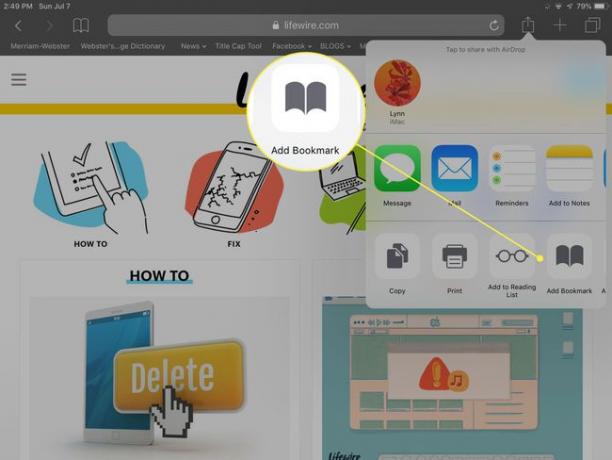 [ブックマークの追加]ボタンが強調表示されたiPadのSafariの[共有]メニューのスクリーンショット